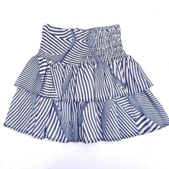 PALOMA BLUE Womens 100% Silk Ruffle Lined Striped Mini Skirt L - Picture 2 of 8